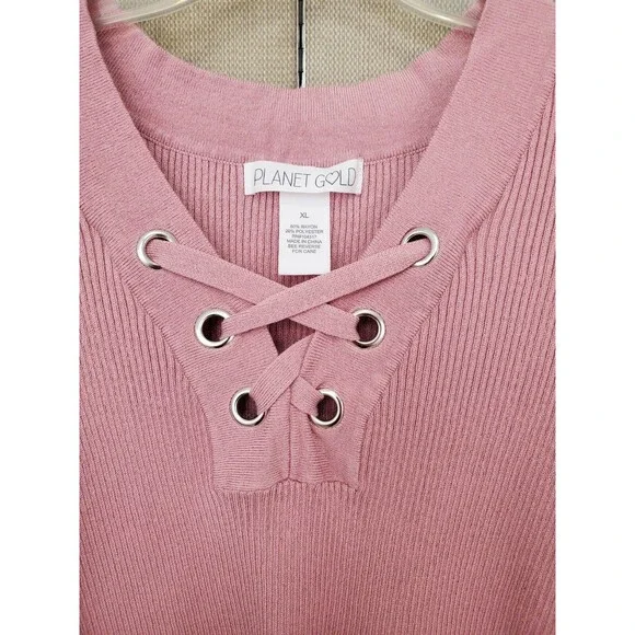 Planet Gold Juniors Ribbed Knit Lace up Long Sleeve Top Size XL - Picture 2 of 5